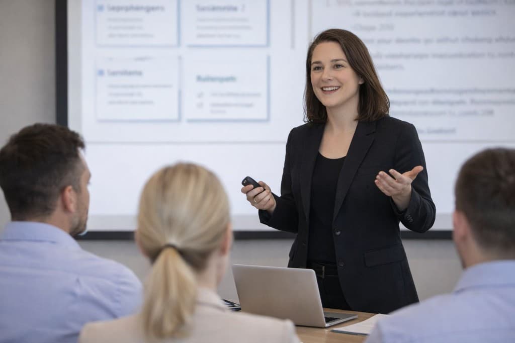 Formation IA BTP en salle : intervenante devant un groupe de professionnels du bâtiment et des travaux publics