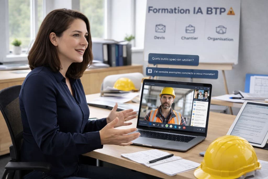Conducteur de travaux BTP utilisant l'IA sur tablette devant un chantier