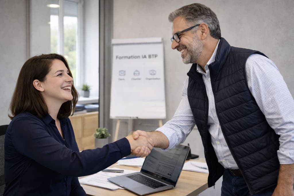 Formation IA BTP : poignée de main en bureau, tableau Devis, Chantier et Organisation — accompagnement professionnels du bâtiment