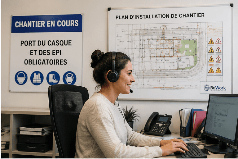 Assistante BeWork au bureau avec plan d’installation de chantier et consignes EPI BTP