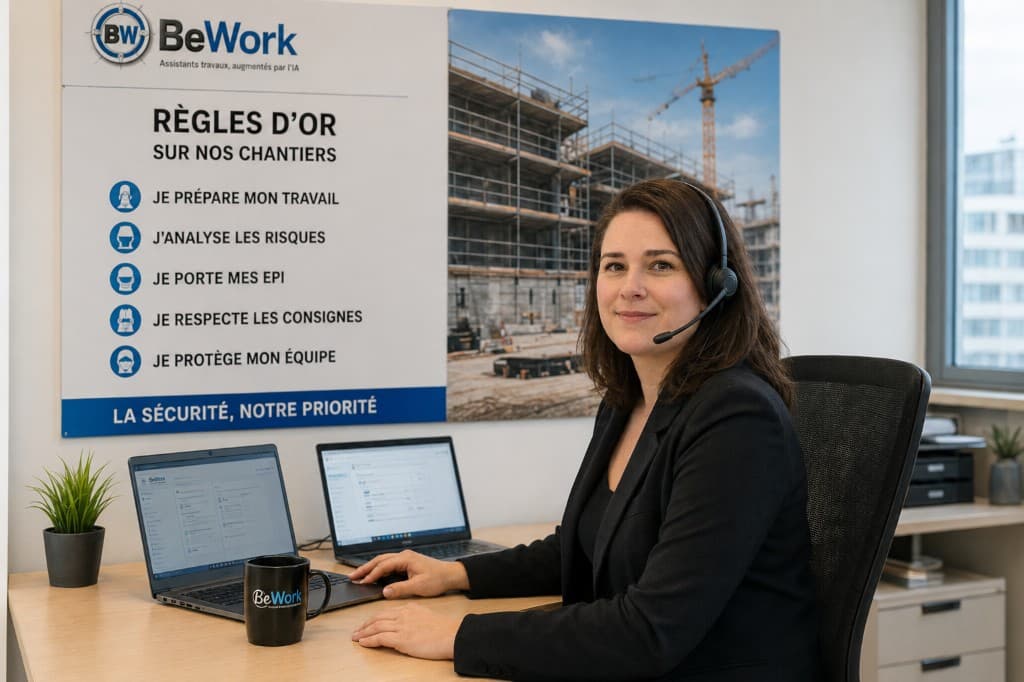 Assistante BeWork avec casque micro, notes sur suivi de chantier BTP