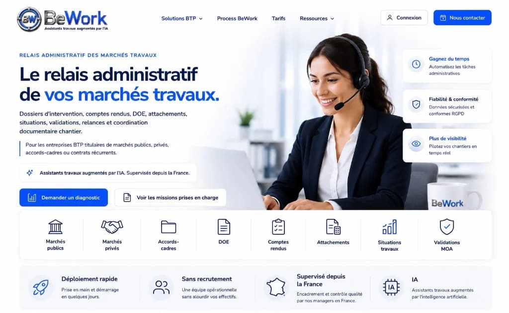 Assistante BeWork au casque, relais administratif marchés travaux BTP