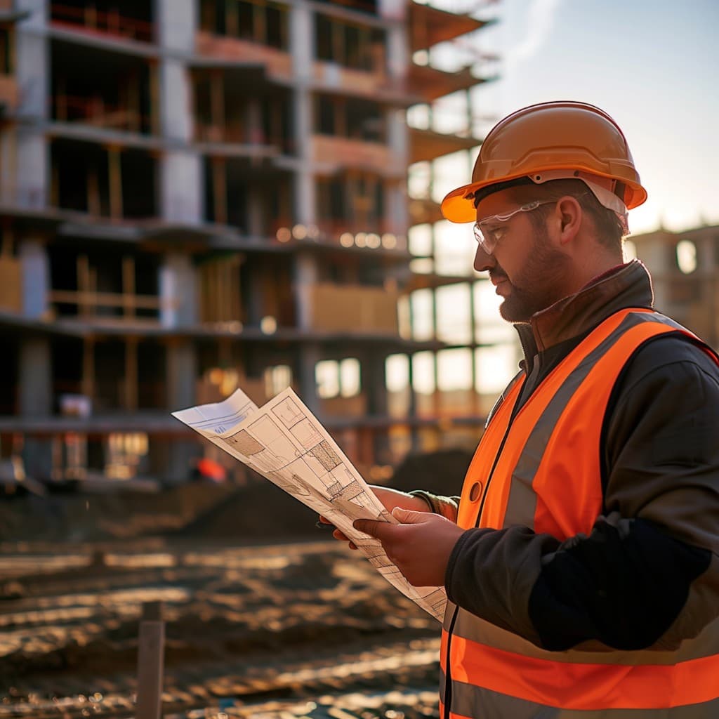 Conducteur de travaux BTP avec plans de chantier — formation IA pour CR, PPSPS et analyse DCE