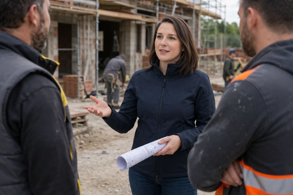 Entreprise du bâtiment : réunion de chantier avec professionnels et plans sur le terrain