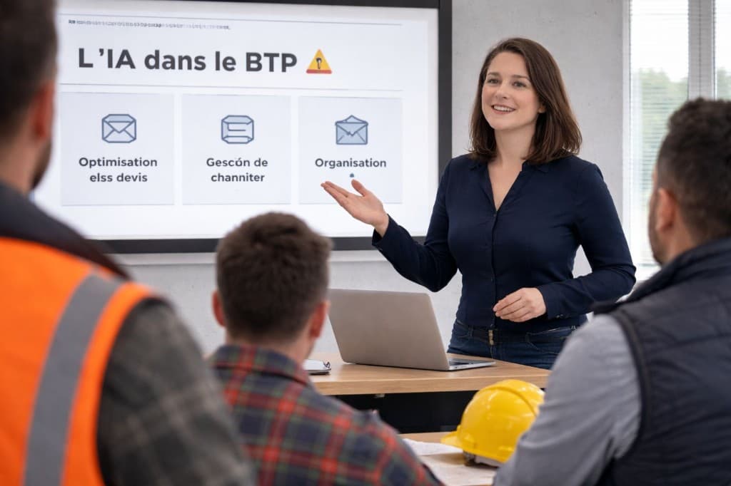 Formatrice présentant une session sur l’IA dans le BTP à des professionnels du secteur — écran avec optimisation des devis, gestion de chantier et organisation, casque de chantier au premier plan