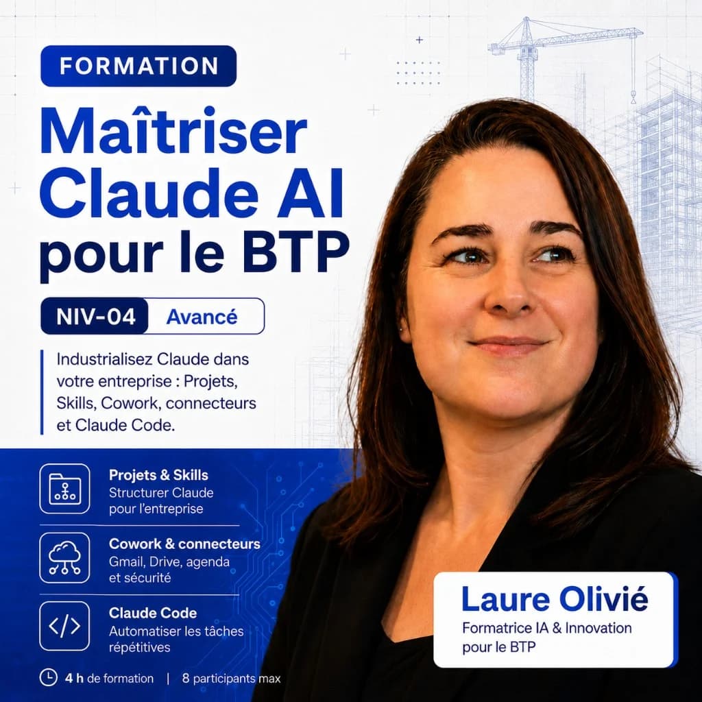 Niveau 2 · Maîtriser Claude AI pour le BTP Affiche « Maîtriser Claude AI pour le BTP » niveau 2 — Projets, Skills et Cowork