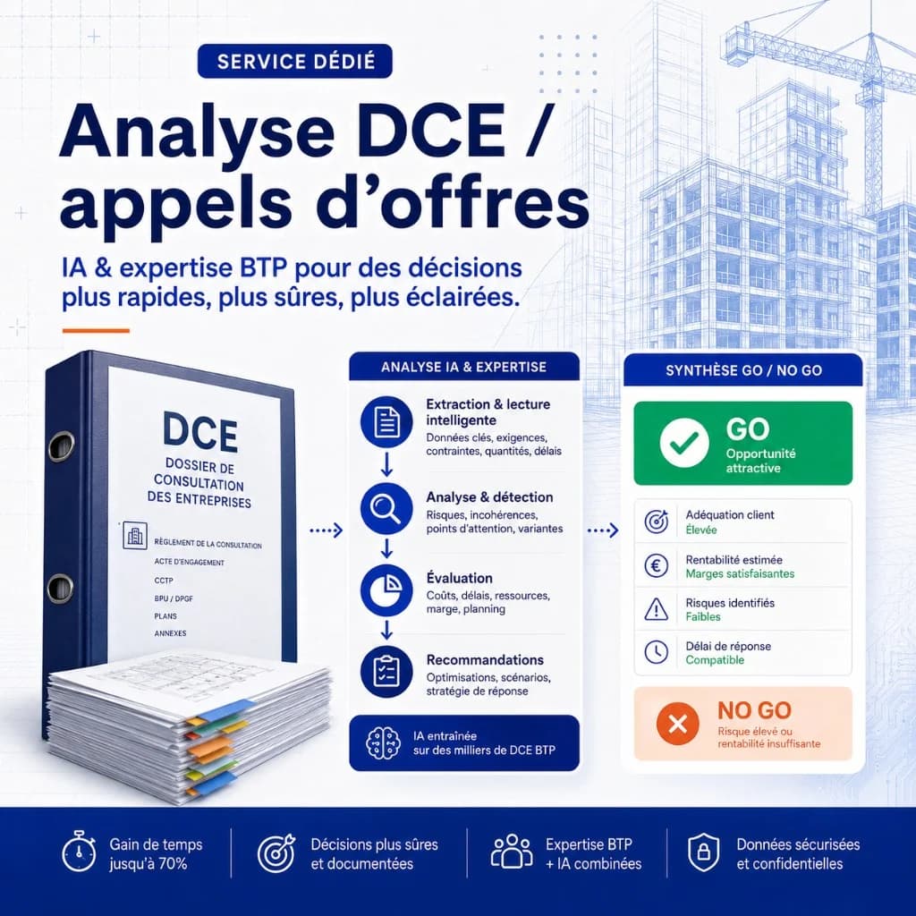 Cas d'usage formation IA BTP — Analyse DCE / appels d'offres Schéma analyse DCE et appels d'offres — extraction et synthèse Go/No Go