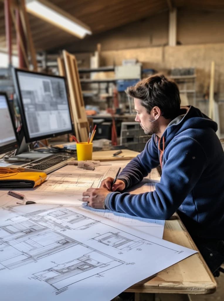 Article blog — IA et devis bâtiment : automatiser le chiffrage BTP en 15 minutes Professionnel du bâtiment concentré sur des plans techniques — analyse DCE et chiffrage assistés par IA