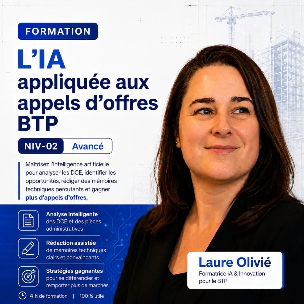 Niveau 2 · L'IA appliquée aux appels d'offres BTP Affiche formation IA appels d'offres niveau 2 — analyse DCE, mémoire technique BTP, Laure Olivié Qualiopi