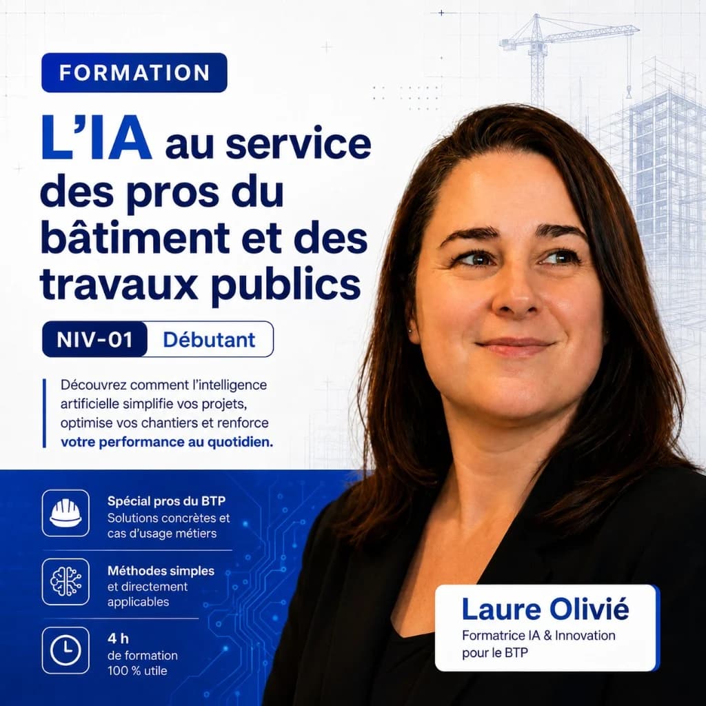 Niveau 1 · L'IA au service des pros du bâtiment et des travaux publics Affiche formation IA bâtiment et travaux publics niveau 1 — Laure Olivié OFC Qualiopi, devis et administratif chantier
