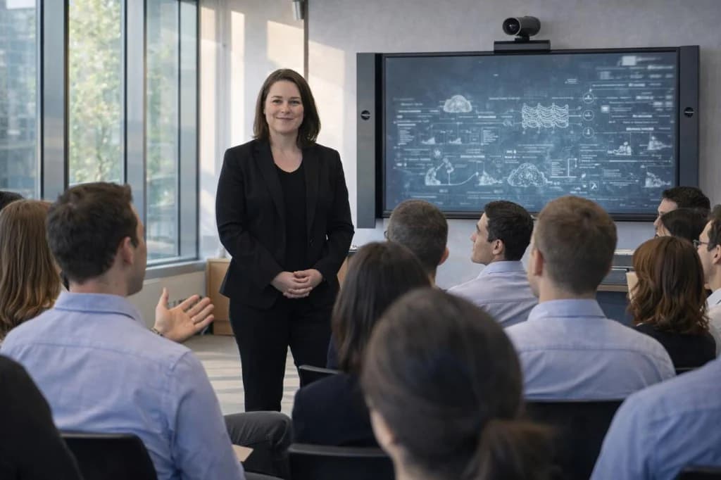 Étude de cas FFB et filière étanchéité — retour d'expérience formation IA BTP Laure Olivié forme des pros du bâtiment à l'IA, écran de projection en salle