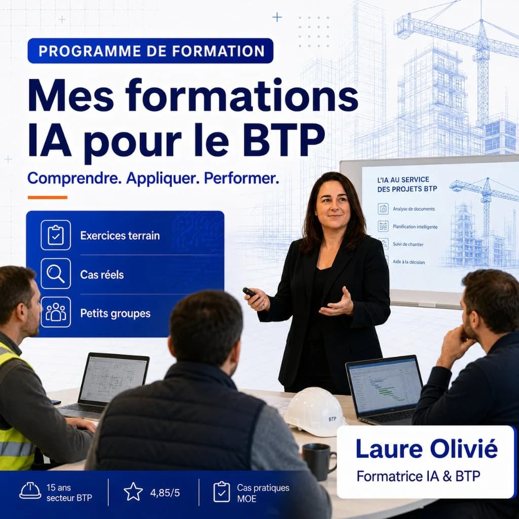 Programme Mes formations IA pour le BTP — Comprendre, appliquer, performer en présentiel Laure Olivié anime « Mes formations IA pour le BTP » en salle, petits groupes BTP