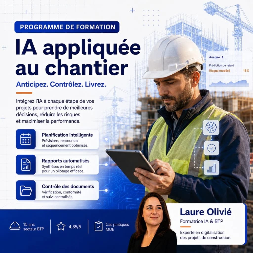 Cas d'usage formation IA BTP — IA appliquée au chantier Conducteur de travaux avec tablette sur chantier — planification et suivi