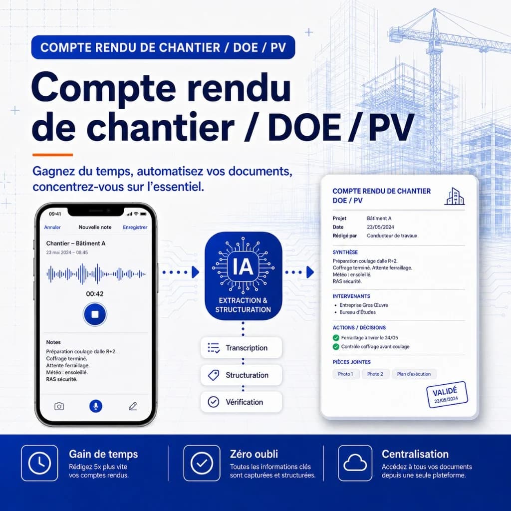 Cas d'usage formation IA BTP — Compte rendu, DOE et PV Schéma compte rendu chantier — notes vocales transformées en CR, DOE ou PV