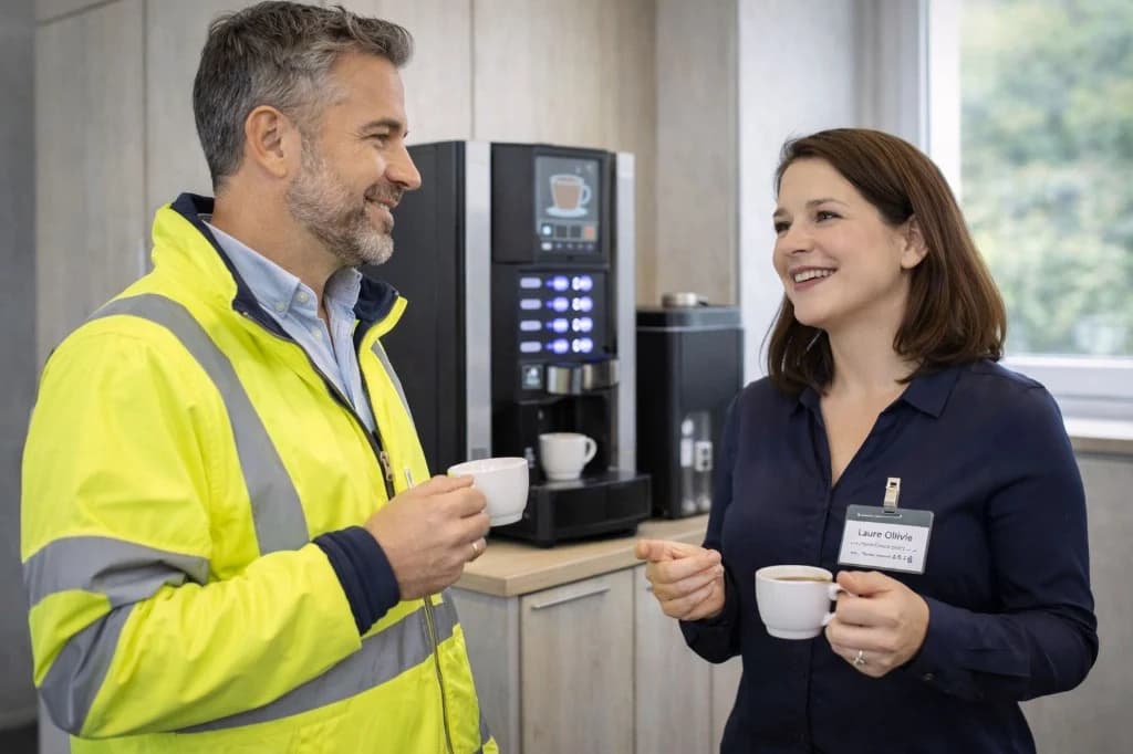 Formation entreprise sur mesure — réseau FFB, financement OPCO selon éligibilité Laure Olivié en discussion avec un dirigeant PME du bâtiment lors d'une session