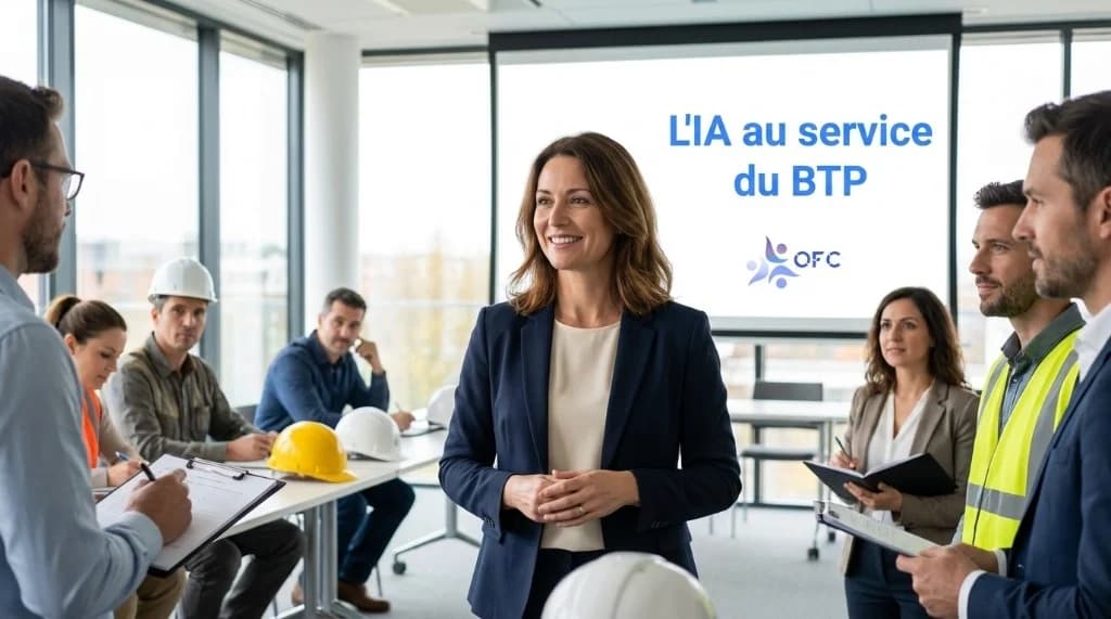 Article blog — Financer sa formation IA dans le BTP : le guide Constructys pour les PME du bâtiment Atelier en entreprise du bâtiment — participants autour de table avec plans, casque et support Laure Olivié