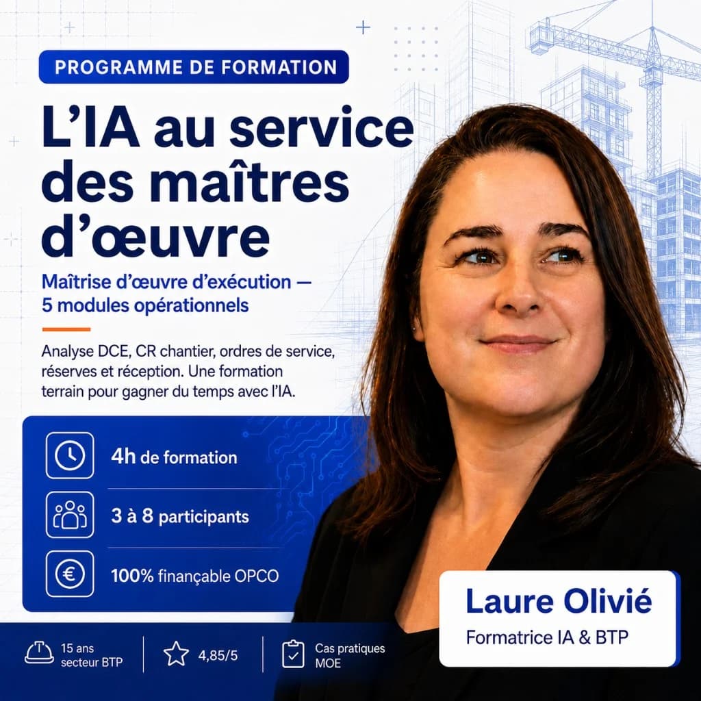 Niveau 2 · L'IA au service des maîtres d'œuvre Affiche formation IA maîtres d'œuvre niveau 2 — MOEX, DCE et comptes rendus chantier, Laure Olivié Qualiopi