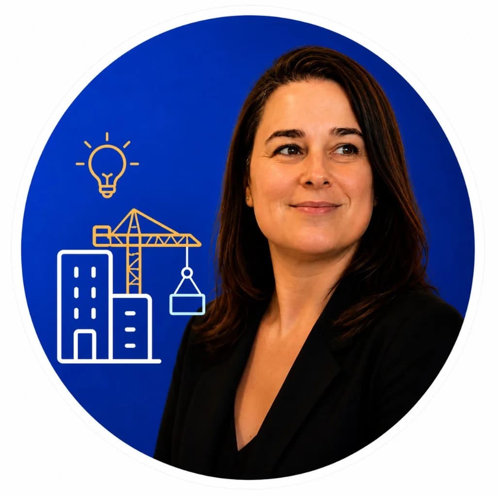 Sessions présentiel Île-de-France — Qualiopi, Constructys Portrait circulaire Laure Olivié sur fond bleu, avec icônes grue et bâtiment
