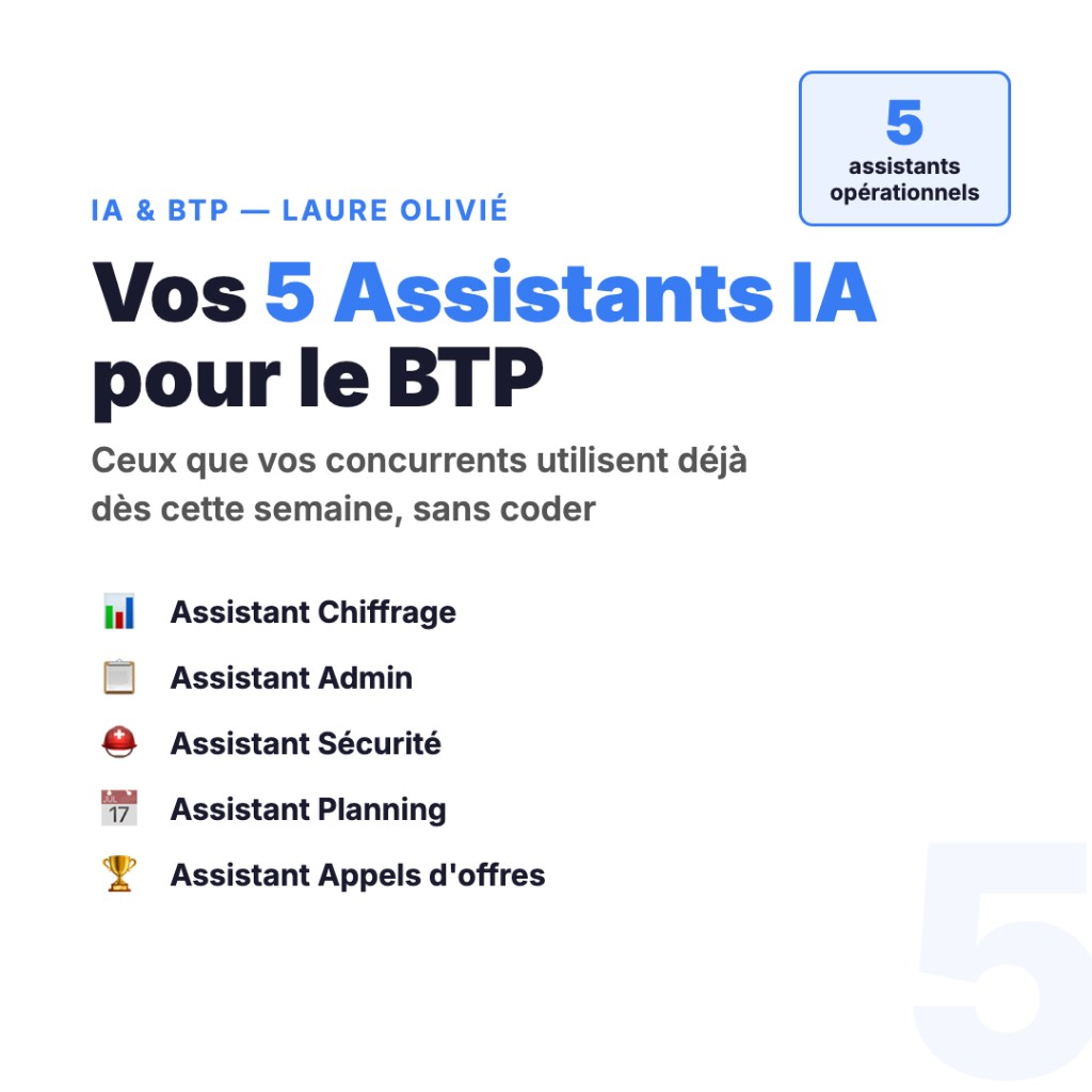 5 assistants IA pour le BTP : chiffrage, admin, sécurité, planning, appels d’offres — sans coder