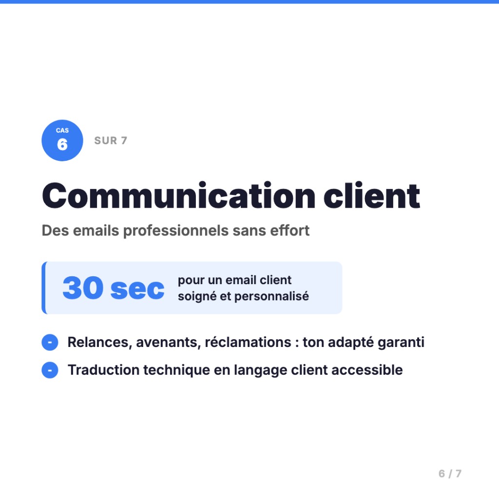 Emails clients BTP professionnels avec IA : relances, avenants, ton adapté — cas 6 sur 7
