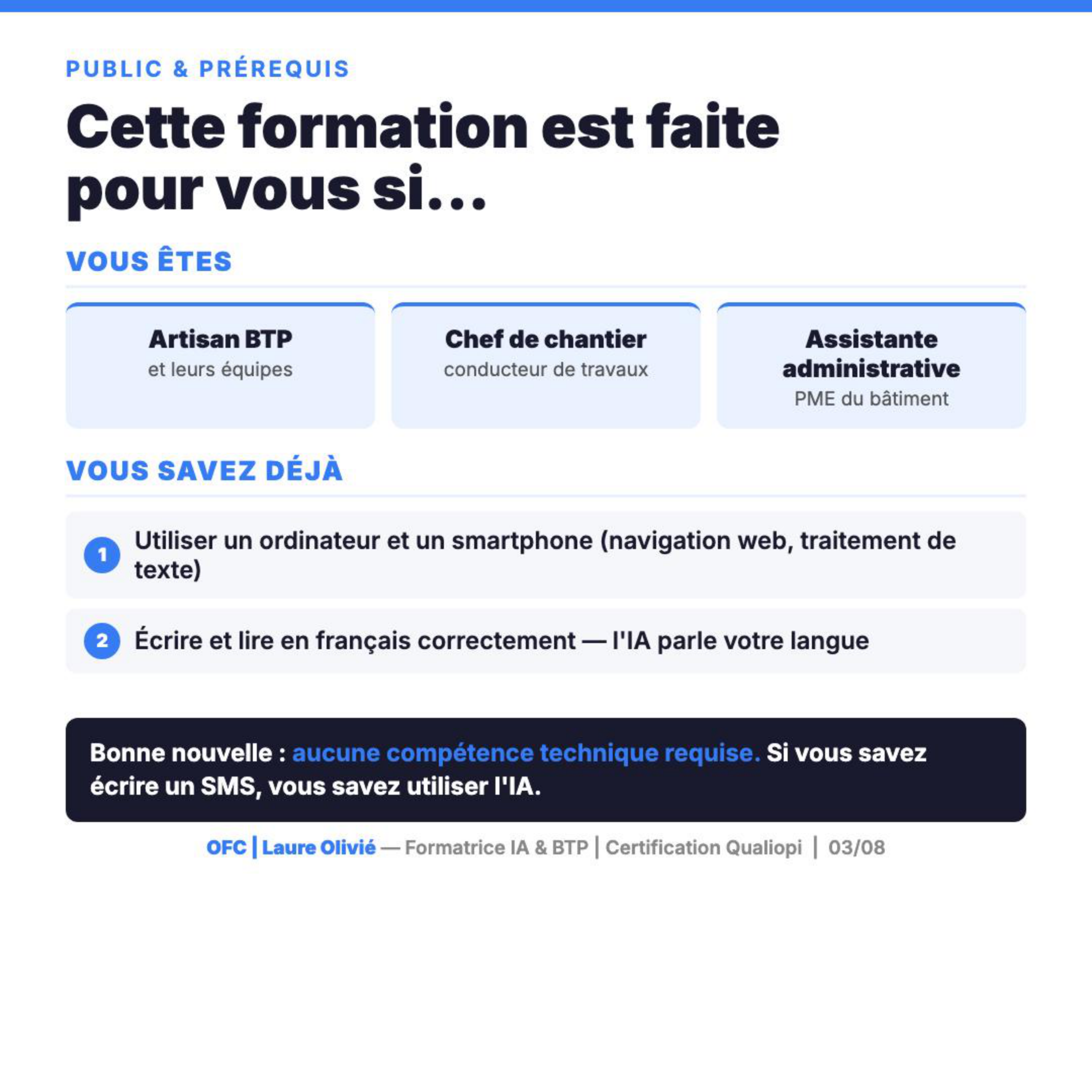 Public formation IA BTP : artisans, chefs de chantier, conducteurs de travaux, assistants PME bâtiment — aucune compétence technique requise