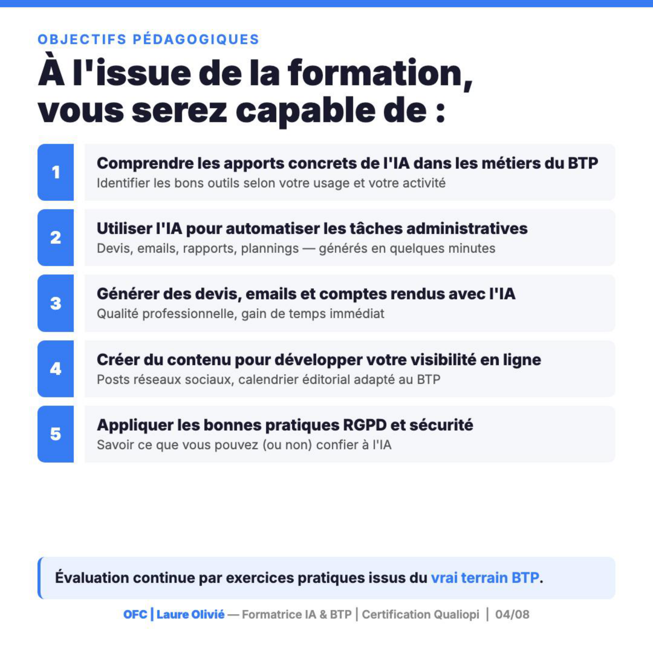 Objectifs pédagogiques formation IA BTP : outils, automatisation administrative, devis et CR, visibilité en ligne, RGPD — exercices terrain