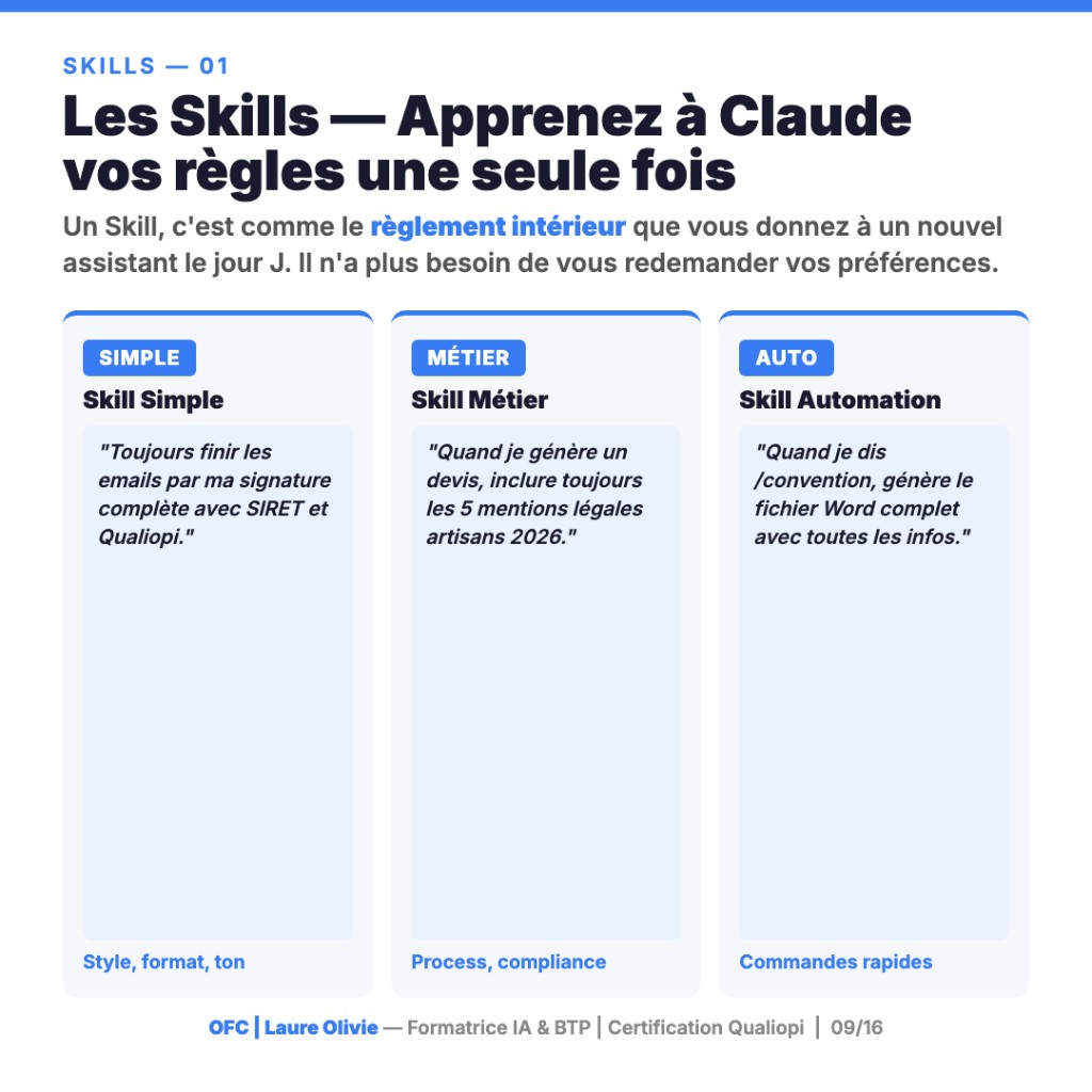 Skills Claude : exemples style signature Qualiopi, devis mentions légales, commande convention Word