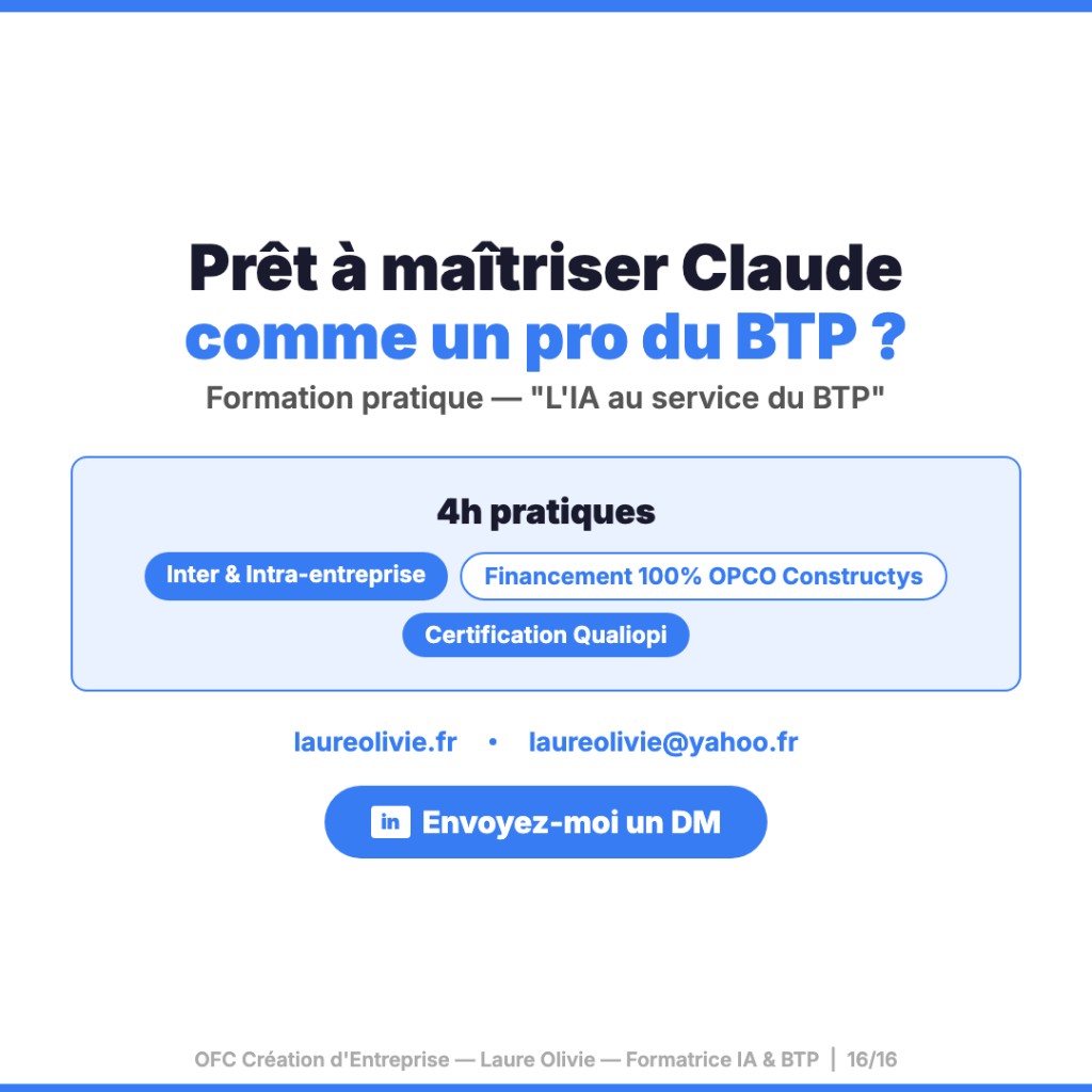 Formation IA au service du BTP : 4h pratiques, inter intra, financement OPCO Constructys, Qualiopi, laureolivie.fr