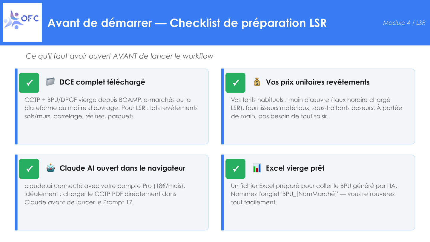 Workflow IA 4 étapes : extraction CCTP, structure BPU, estimation temps h/m², contrôle cohérence marché — OFC