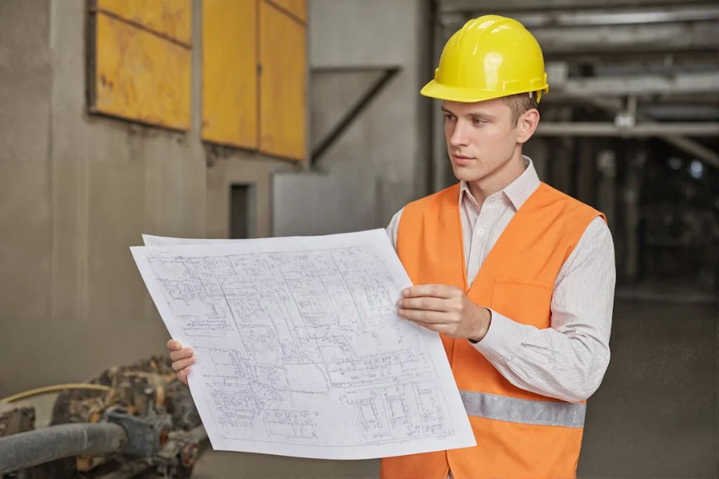 Professionnel BTP consultant des plans sur chantier — carnet de travaux et suivi documentaire